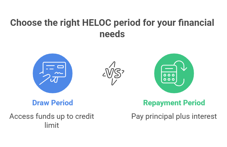 Infographic comparing the draw period and repayment period of a Home Equity Line of Credit (HELOC).