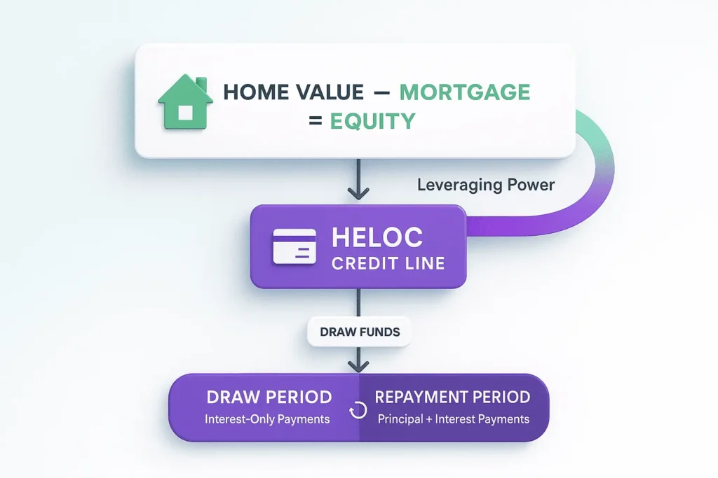 Flowchart showing Home Equity Line of Credit where “Home value – mortgage = equity,” leveraged into a HELOC credit line to draw funds.
Two phases labeled: Draw Period (interest-only) and Repayment Period (principal + interest).