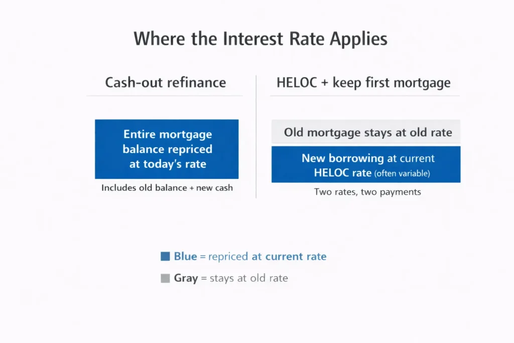 Cash-Out Refinance vs. HELOC: A comparison graphic showing a cash-out refinance applies today’s rate to the full mortgage balance, while a HELOC applies current rates only to the borrowed portion.