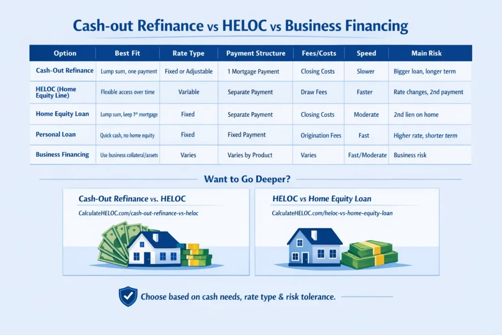 Cash-out refinance calculator comparison chart showing cash-out refinance vs HELOC vs business financing, including rate type, fees, payment structure, speed, and main risk.
